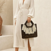 Marelune Sienne Fringe Beaded Top Handle Tote in Brown - model view 1