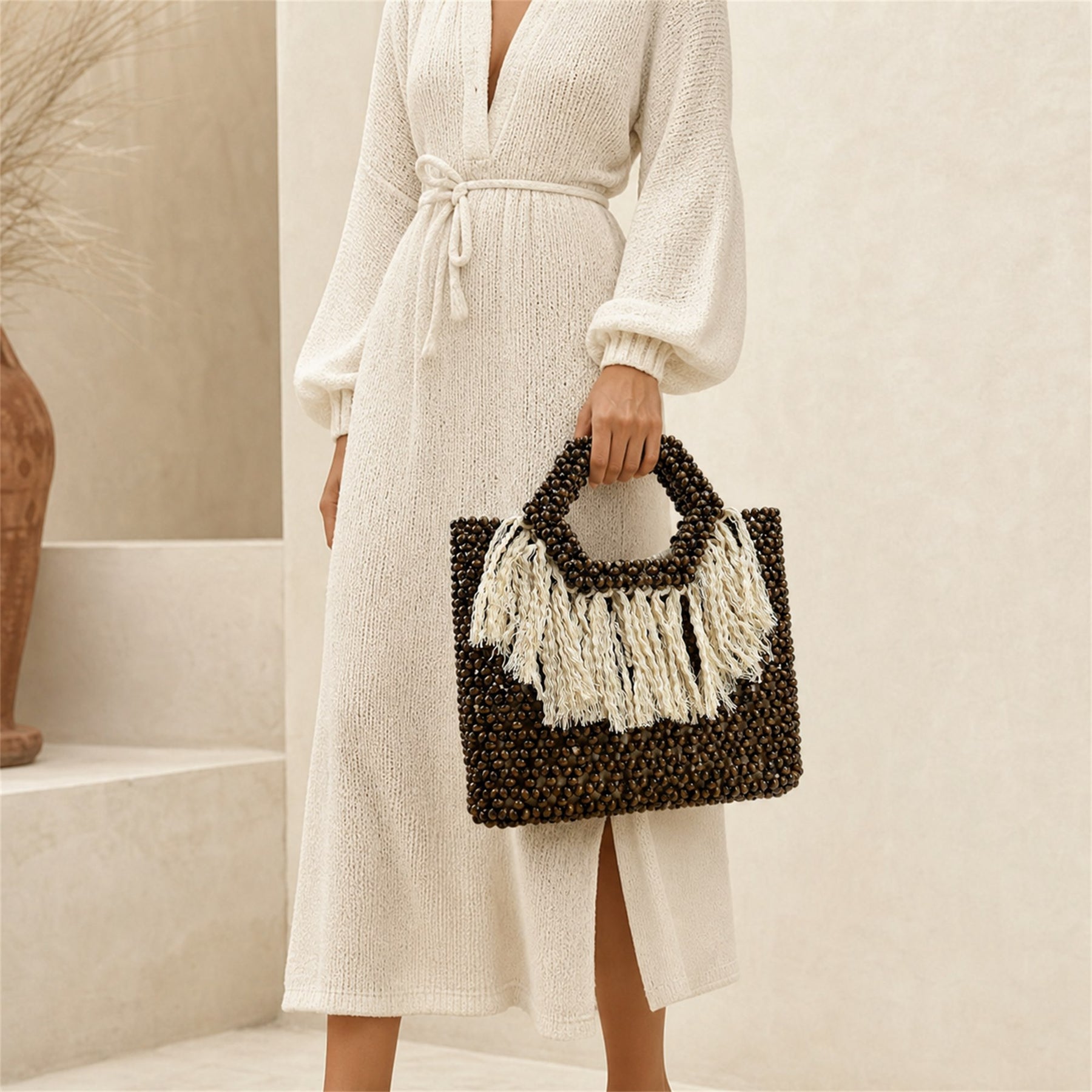 Marelune Sienne Fringe Beaded Top Handle Tote in Brown - model view 1