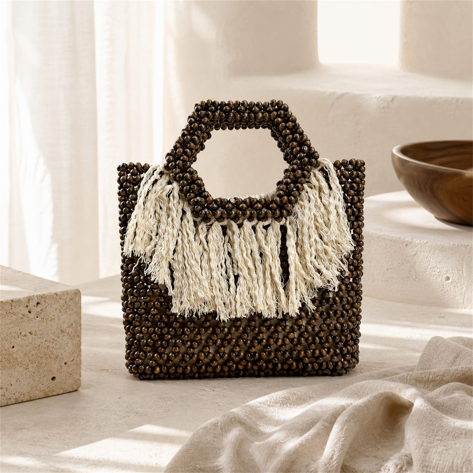 Marelune Sienne Fringe Beaded Top Handle Tote in Brown - scene view 1