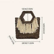 Marelune Sienne Fringe Beaded Top Handle Tote in Brown - size guide view 1