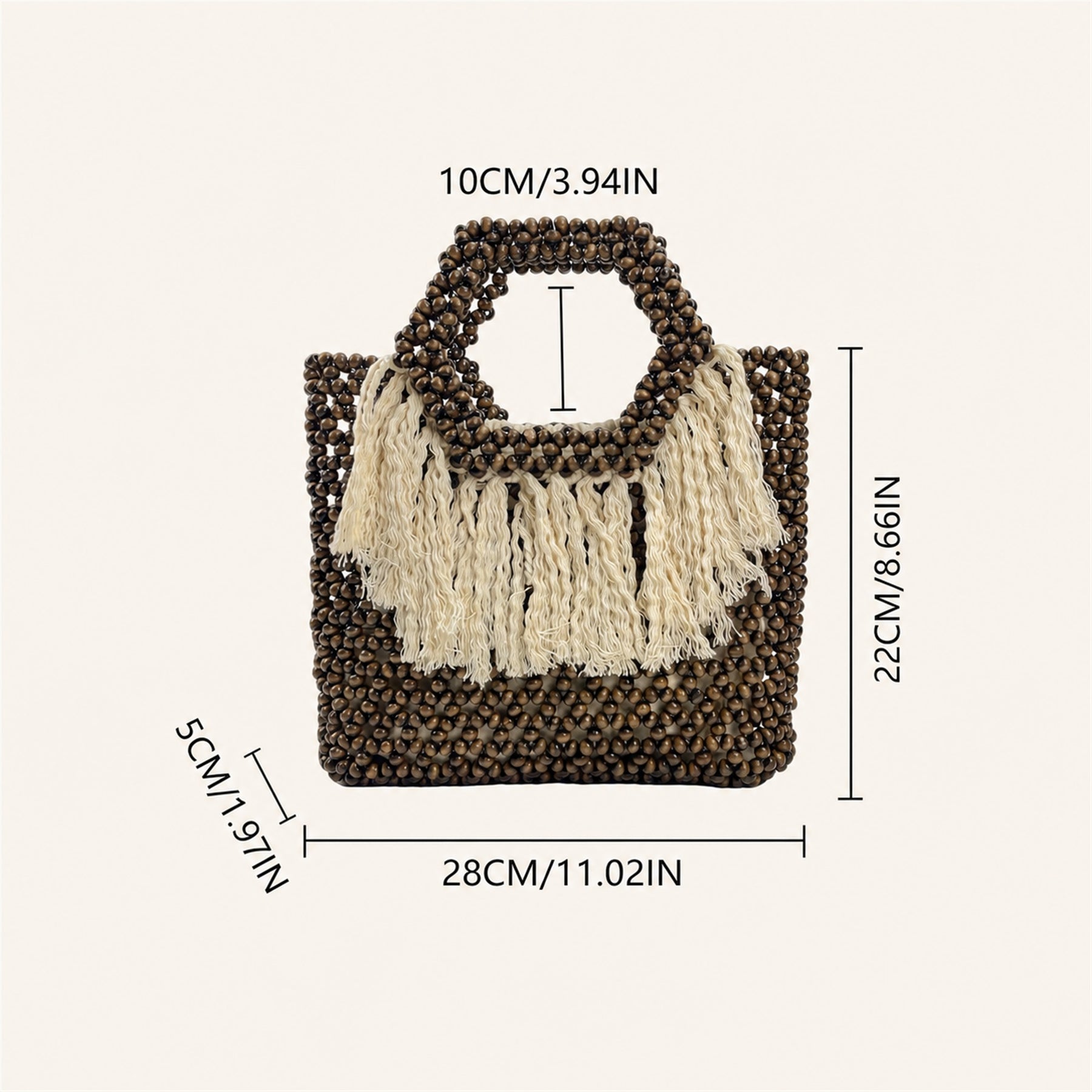 Marelune Sienne Fringe Beaded Top Handle Tote in Brown - size guide view 1