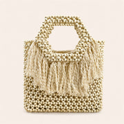 Marelune Sienne Fringe Beaded Top Handle Tote in Ivory - angle view 1