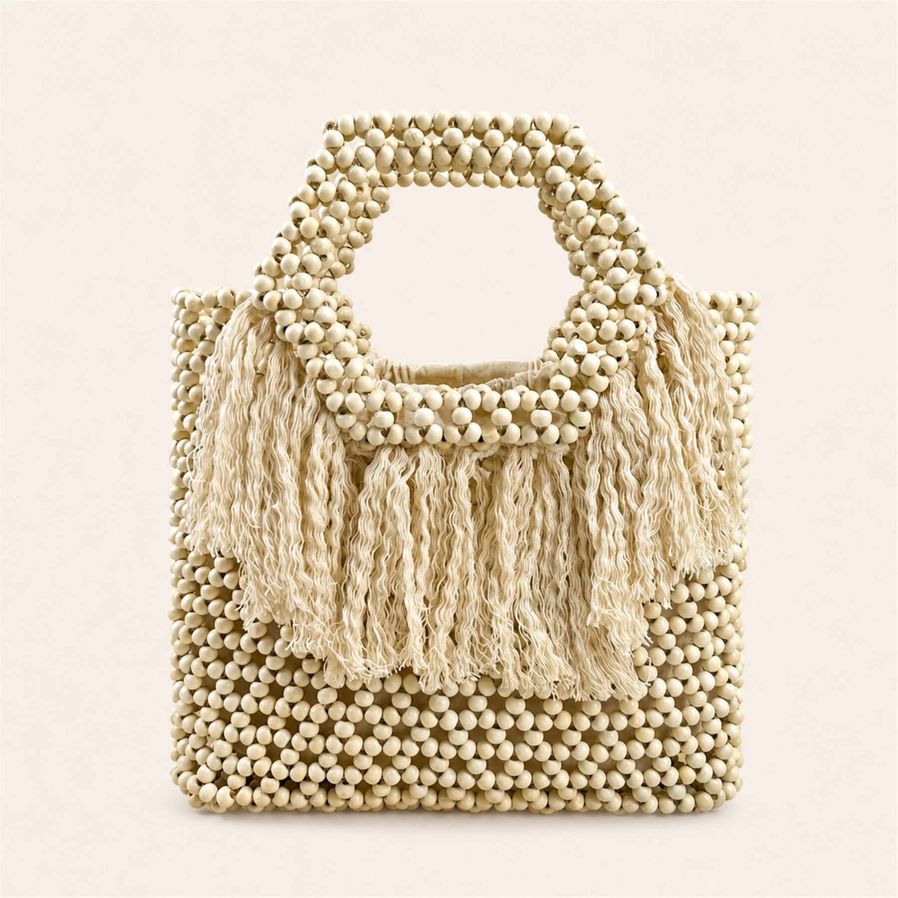Marelune Sienne Fringe Beaded Top Handle Tote in Ivory - angle view 1