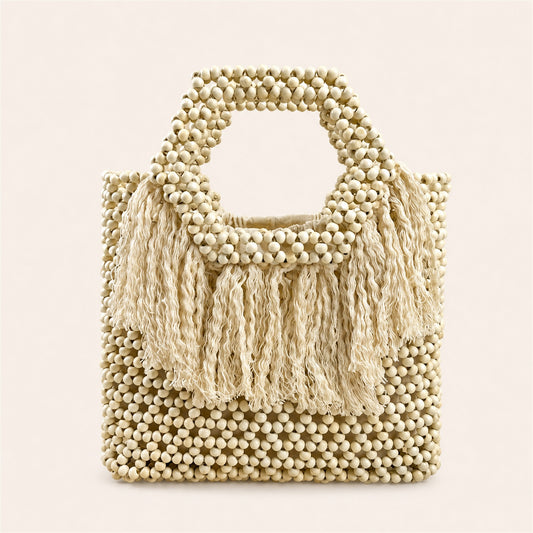 Marelune Sienne Fringe Beaded Top Handle Tote in Ivory - angle view 1