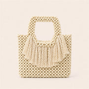 Marelune Sienne Fringe Beaded Top Handle Tote in Ivory - angle view 2