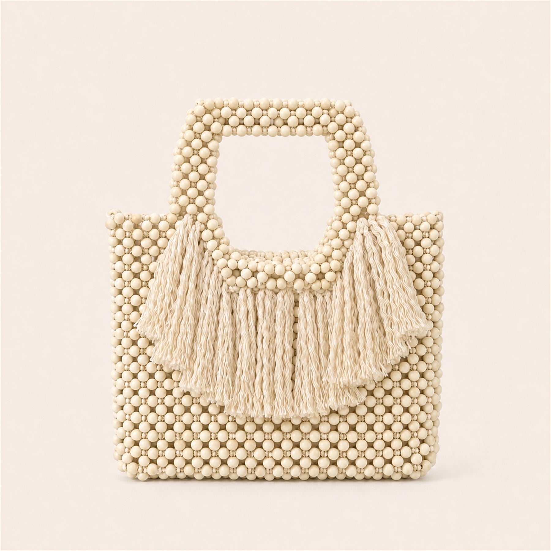 Marelune Sienne Fringe Beaded Top Handle Tote in Ivory - angle view 2
