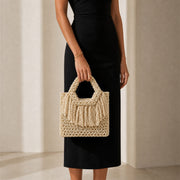 Marelune Sienne Fringe Beaded Top Handle Tote in Ivory - model view 1