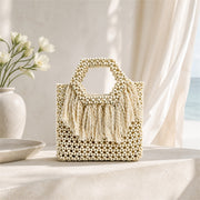 Marelune Sienne Fringe Beaded Top Handle Tote in Ivory - scene view 1