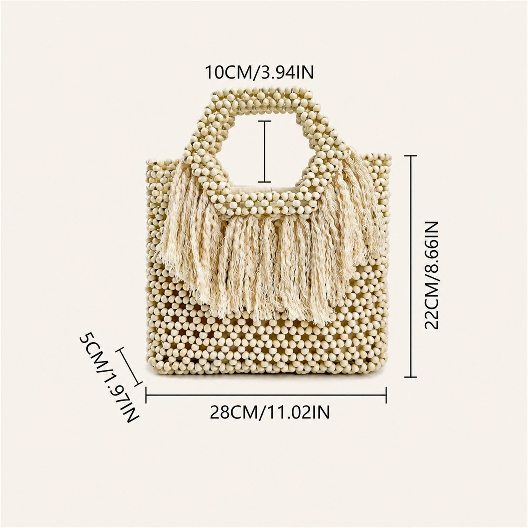 Marelune Sienne Fringe Beaded Top Handle Tote in Ivory - size guide view 1